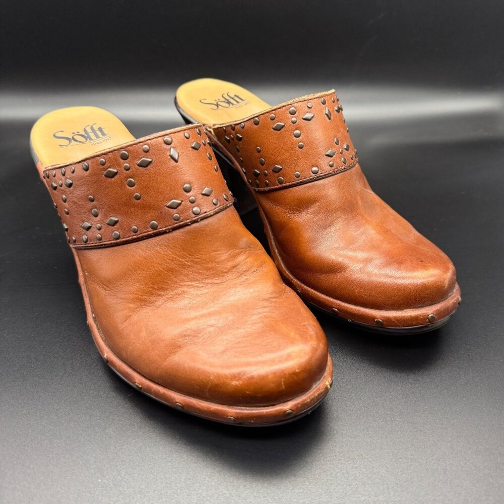 Sofft Laina Leather Mules Shoes Size 7.5M Metal Studs Cognac 3 Inch Heels